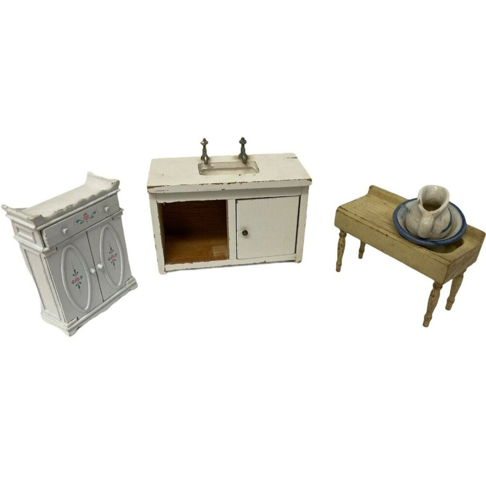 Vintage‎ Miniature Doll House Kitchen Table Sink Table Bowl Pitcher